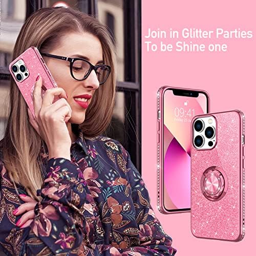 Henpone Glitter iPhone 13 Pro Max Puzdrá pre ženy, [priestorový nárazník Drahokamu] iskrivý Bling puzdro na telefón s krúžkovým stojanom pre iPhone 13 Pro Max 6,7 palca-Ružová