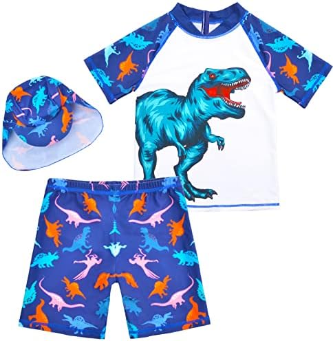 AuSletie chlapci Dvojdielne plavky krátky rukáv deti vyrážka stráž dinosaurus chlapci plavky so slnečnou čiapkou