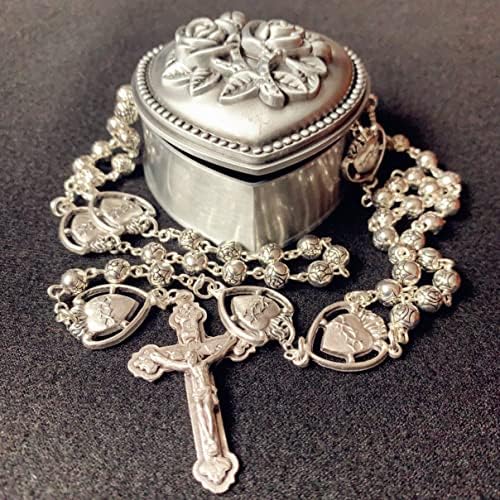elegantmedical ručné strieborné ružové korálky katolícke SACRED HEART JESUS HOLY MEDAL ruženec kríž náhrdelník
