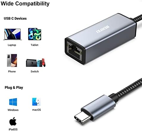 Adaptér USB-C na Ethernet, Benfei USB Type-C na RJ45 Gigabit Ethernet Lan sieťový adaptér kompatibilný pre MacBook Pro 2019/2018/2017, MacBook Air a ďalšie