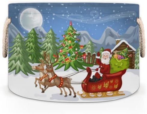 Vianočné Santa Reindeer 02 veľké okrúhle koše pre skladovanie Koše na bielizeň s rukoväťami deka úložný kôš pre