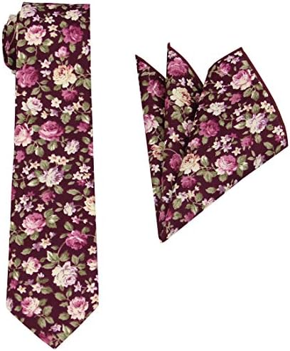 Pánska Bavlnená kravata s Kvetinovou potlačou: kravata s vreckovým štvorcom-Svadba - Darčeková sada
